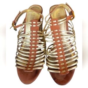 Lauren Ralph Lauren Tan/Gold Cushion Soft Strappy Suede Leather Heels Sandals